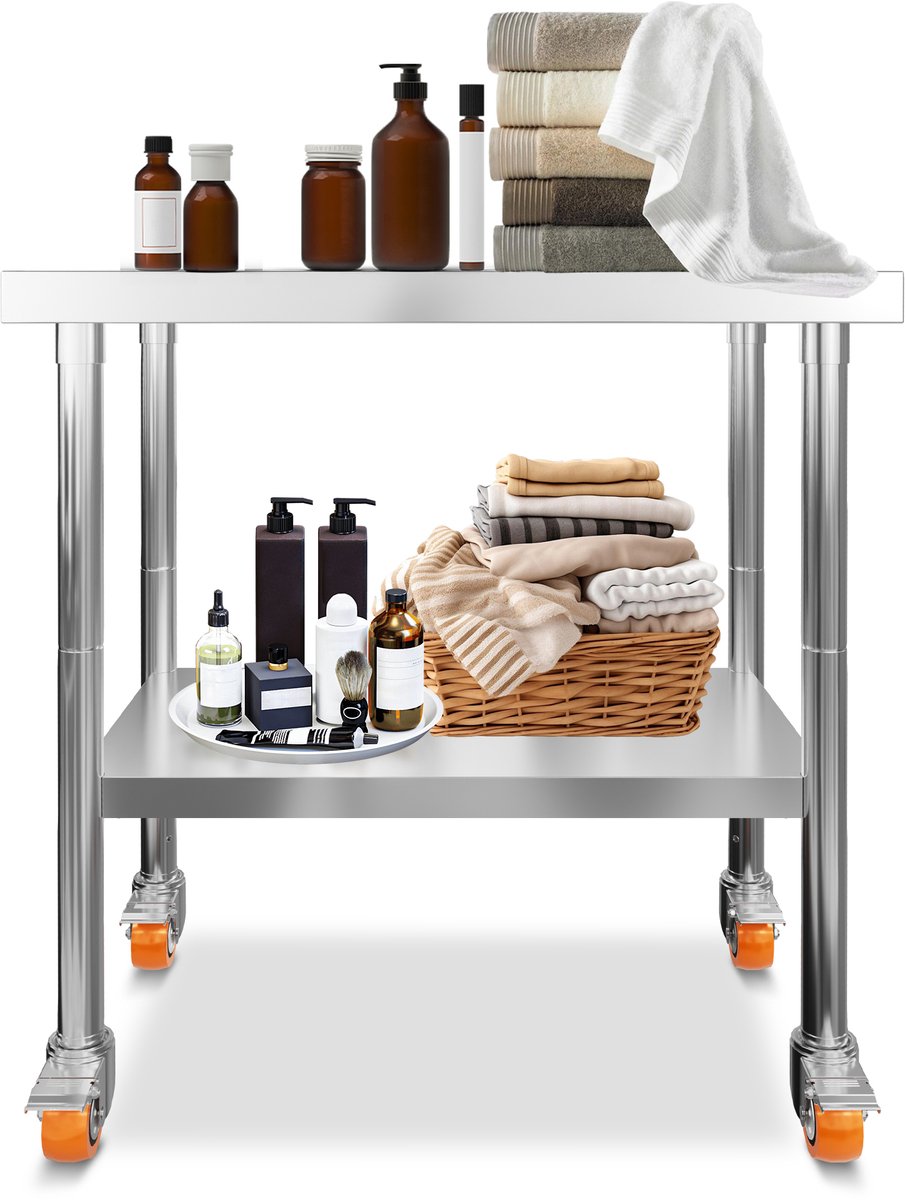 Aufun werktafel van roestvrij staal – 61 x 60 x 85 cm – met 4 wielen – commerciële keukenwerkbank – voor restaurants en scholen