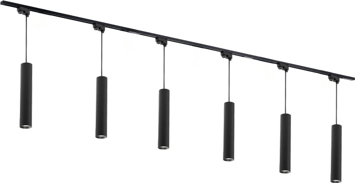 Qub Focus Railverlichting - Zwart - 300 cm - I-Vorm - 6x Hanglampen - Dimbaar - Complete Set