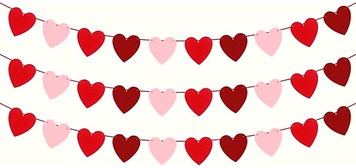 Okado Hartjes Slinger Vlaggenlijn Rood 3 Meter – Valentijnsdag Decoratie met 30 Hartjes en Satijn Lint – Romantische Versiering voor Feest, Bruiloft en Jubileum