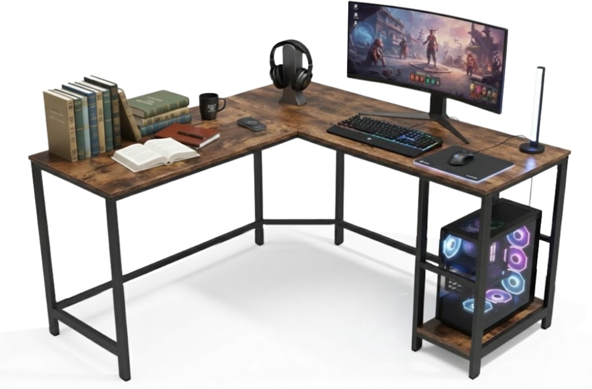 MIRA Home - Bureau - Laptop tafel - L-vormig - Hout/Metaal - Bruin/Zwart