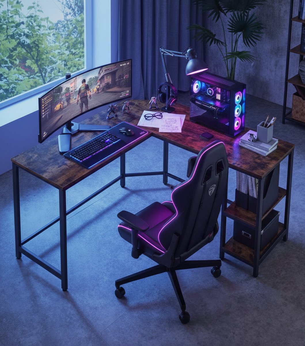 MIRA Home - Bureau - Laptop tafel - L-vormig - Hout/Metaal - Bruin/Zwart