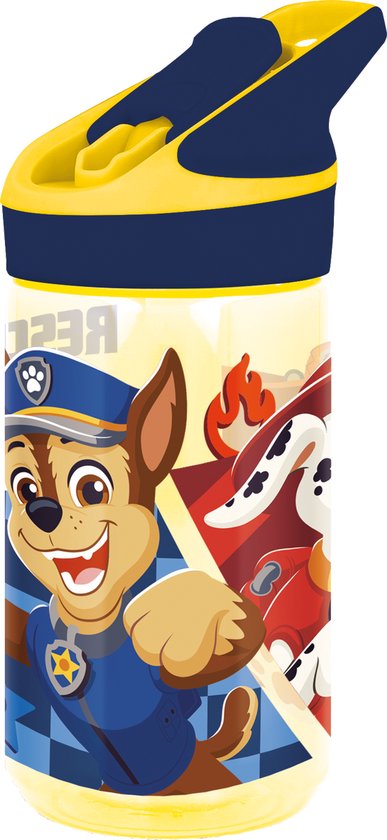 Gele drinkfles met blauwe dop en afbeelding van PAW Patrol pup Chase in politie-uniform. Tekst 'RESCUE'.