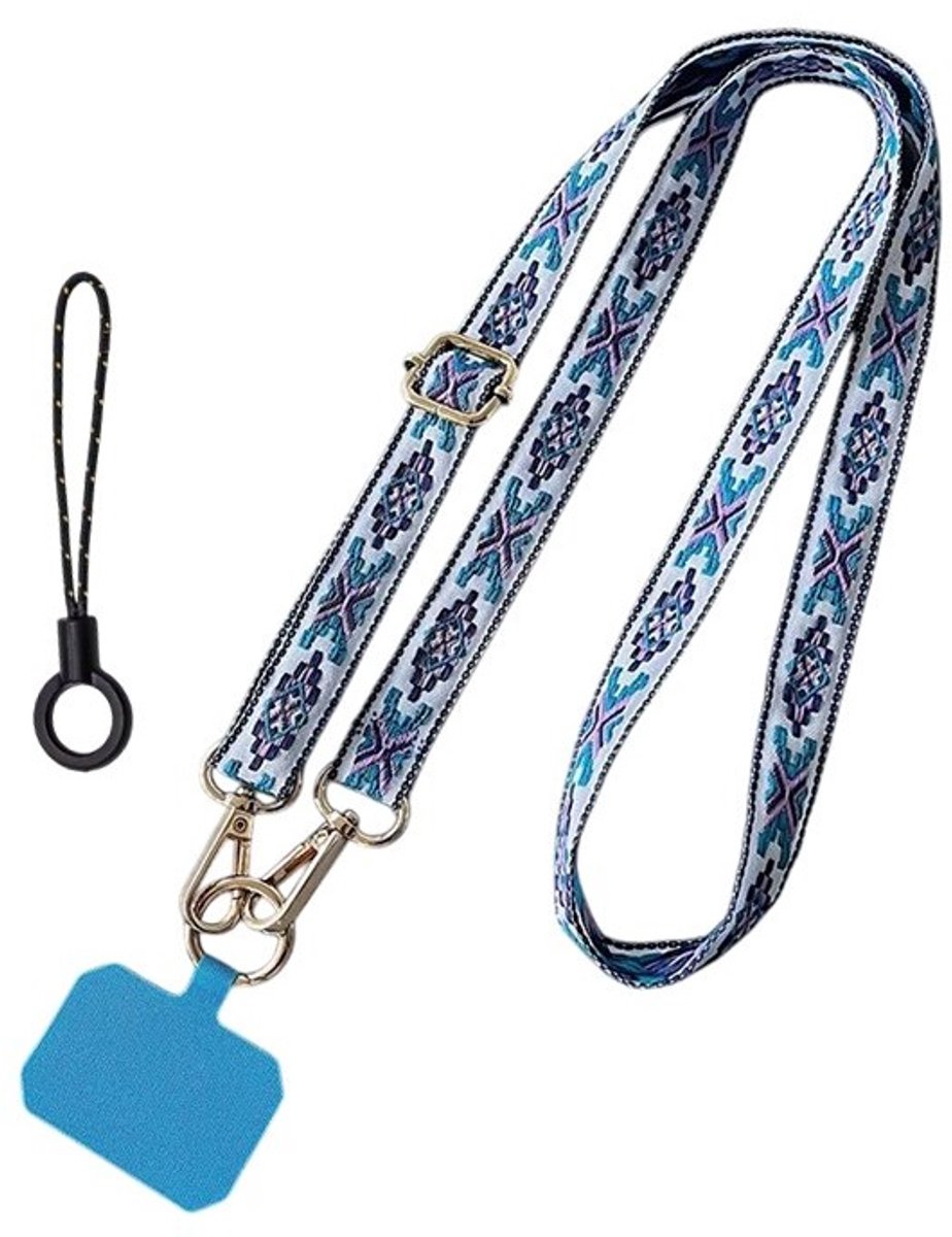 Mj Joys® - Telefoon koord – Telefoon Nekkoord - Telefoonketting – Telefoon Nekkoord - Telefoonkoord Universeel - Phone cord - Telefoonkoorden – Telefoonlusje - Verstelbaar tot 120 cm – Blauw Roze – Ruitmotief