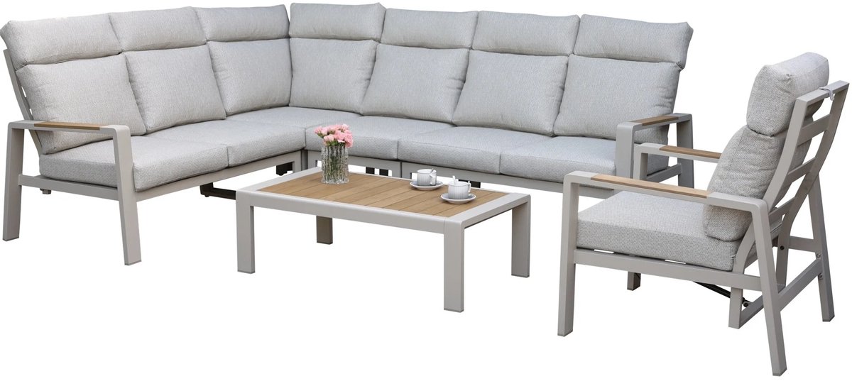 AVH-Collectie Ripasso hoek loungeset 6 delig aluminium latte zand teak Zand / Latte / Linen