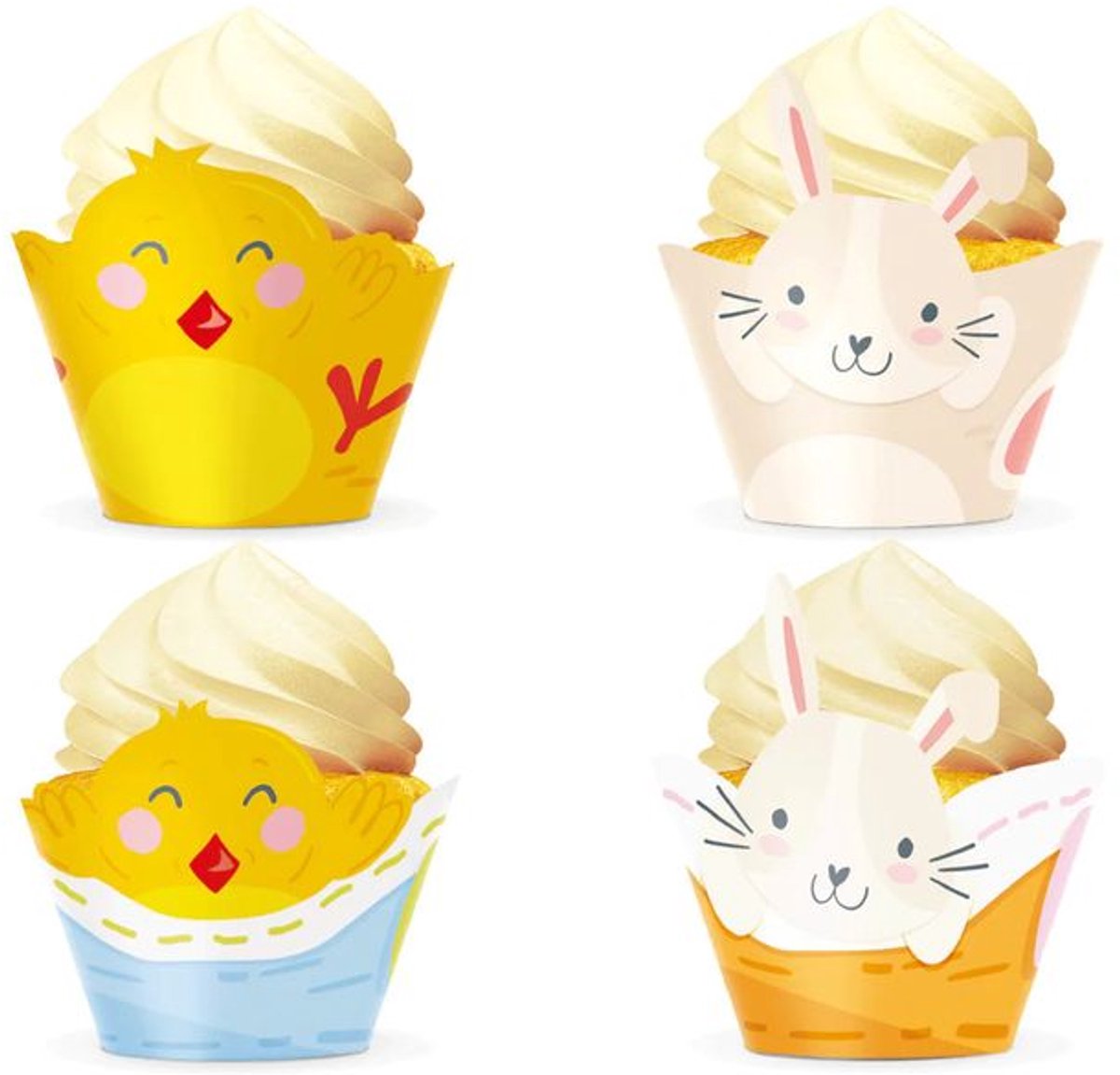 4 Paasmuffinwikkels in de vorm van konijntjes en kuikentjes