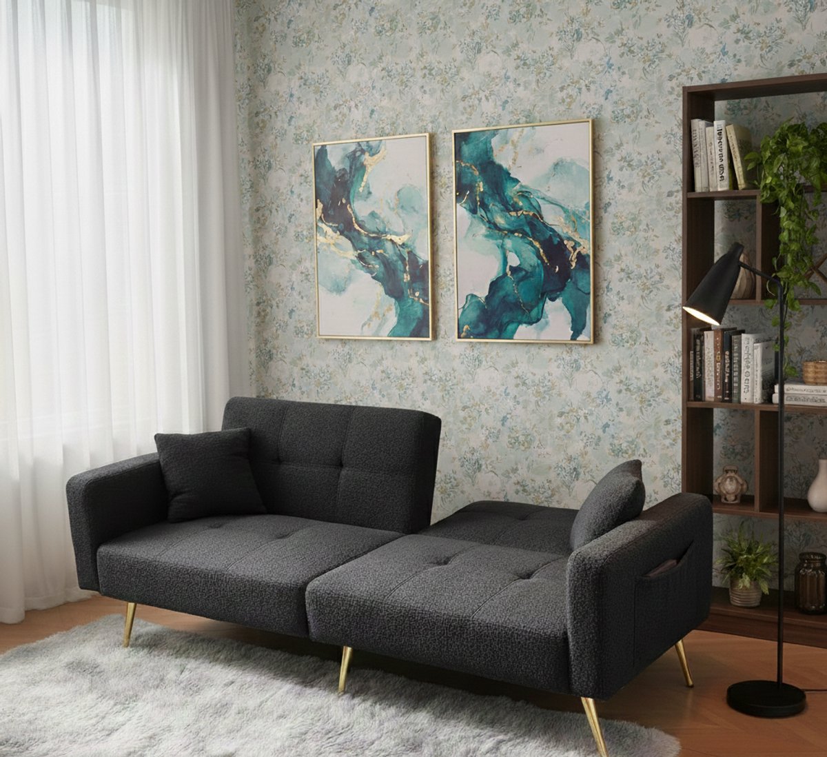 Oslo Luxe Slaapbank – Donkergrijs – 2-Zits Uitklapbare Bank – Lamswol Look – Met Opbergzakken – Modern Design – 175 cm,A-Furniture