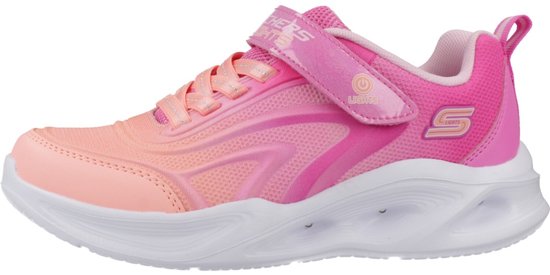Roze en oranje sneaker met Swoosh-achtig detail, klittenband en lichtjes.