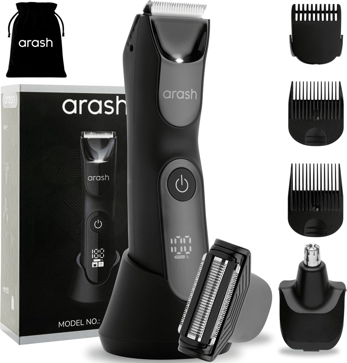 arash® 3 in 1 Bodygroomer Mannen - Veilig voor Schaamstreek & Lichaam - Lichaamstrimmer - 3 extra Trimkammen - Opbergzakje - Batterij indicator