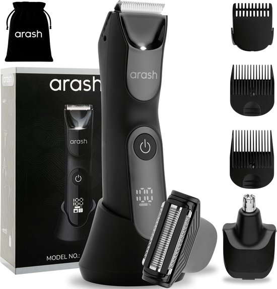 Zwarte Arash 3-in-1 Bodygroomer op een oplaadstation, met doos, opbergzakje, 3 opzetkammen, neustrimmer en foliescheerkop.