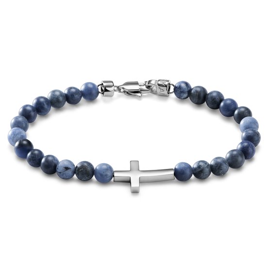 Armband van blauwe lapis lazuli kralen met een zilverkleurig kruis.