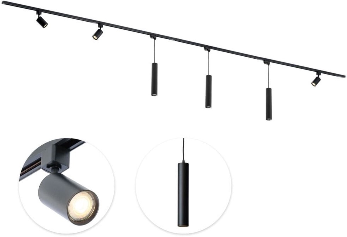 Qub Focus Railverlichting - Zwart - 400 cm - I-Vorm - 3 Spots & 3 Hanglampen - Dimbaar - Complete Set