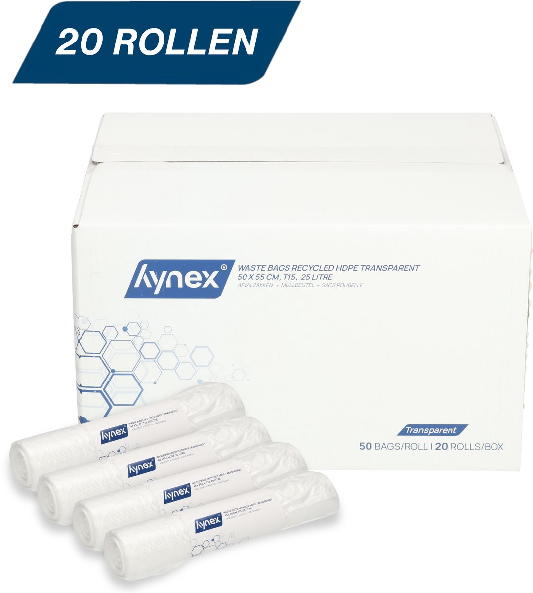 Hynex Vuilniszak 25 liter - 1000 stuks - Afvalzakken - Vuilzakken - Pedaalemmerzakken - Gerecycled HDPE - 45x50cm - 20 rollen x 50 stuks - Transparant