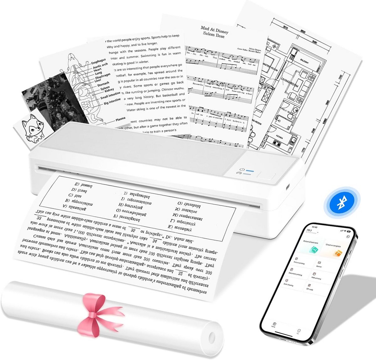Draagbare A4 Thermische Printer Zonder Inkt Draadloos Compatibel iOS Android