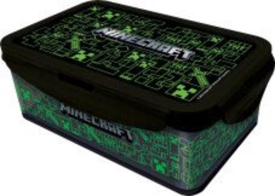 Boîte à lunch Minecraft noire avec imprimé circuit vert et gris et logo Minecraft.