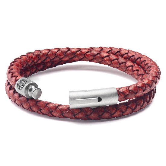 Dubbel gedraaide rode leren armband met zilveren sluiting en Lucleon-logo.