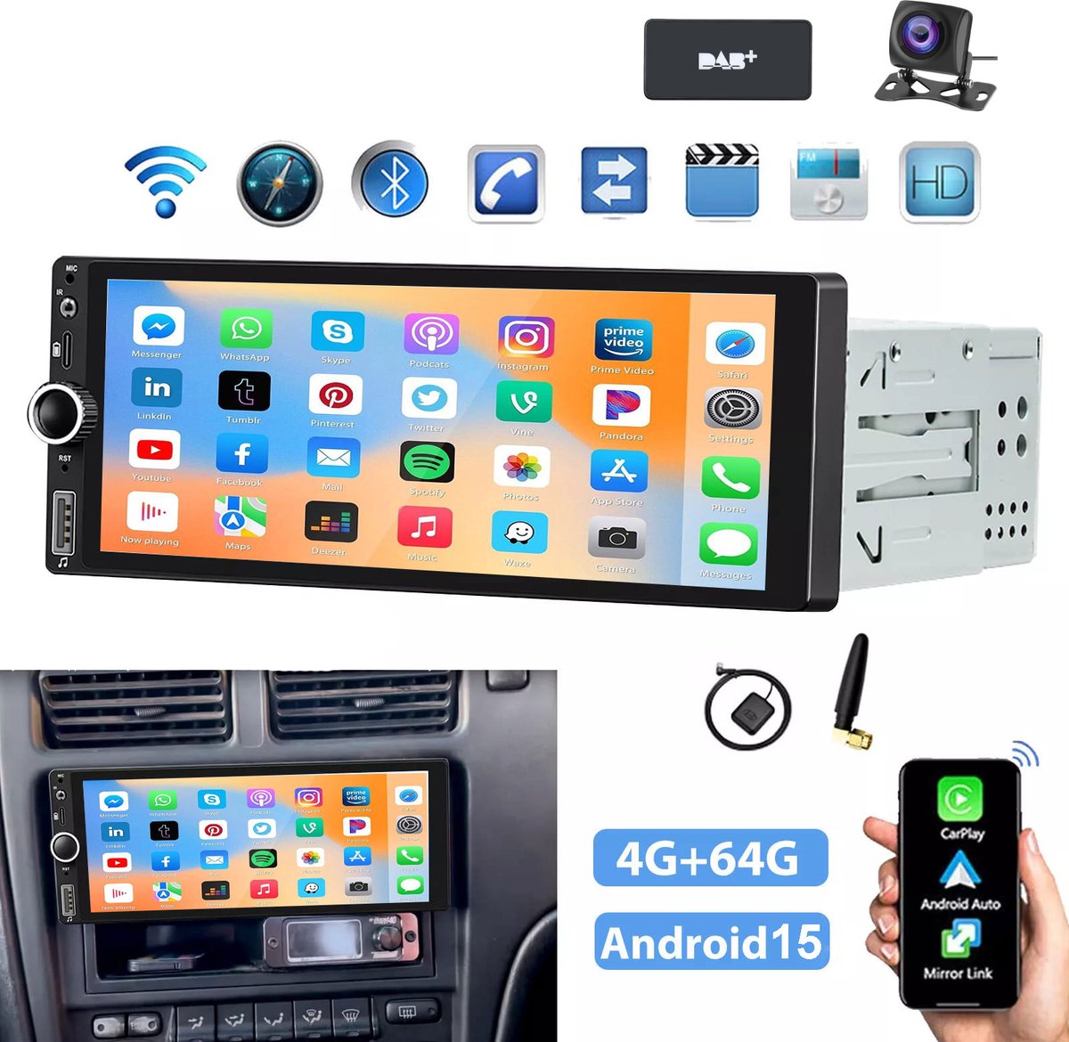 ESSGOO Universele 1Din Autoradio met Bluetooth - DAB+ - Draadloze Apple Carplay en Android Auto - 6,86 inch Touchscreen - USB, Aux, FM-Radio, RDS, MP5 - Handsfree bellen - Android 15 4 + 64GB -Achteruitrijcamera