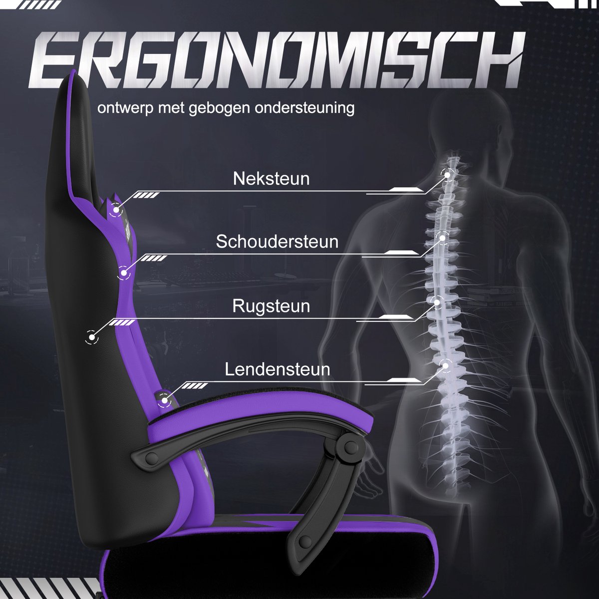 Hiaonyx Gaming Stoel 170° Verstelbaar Paars met Voetsteun - afbeelding 3