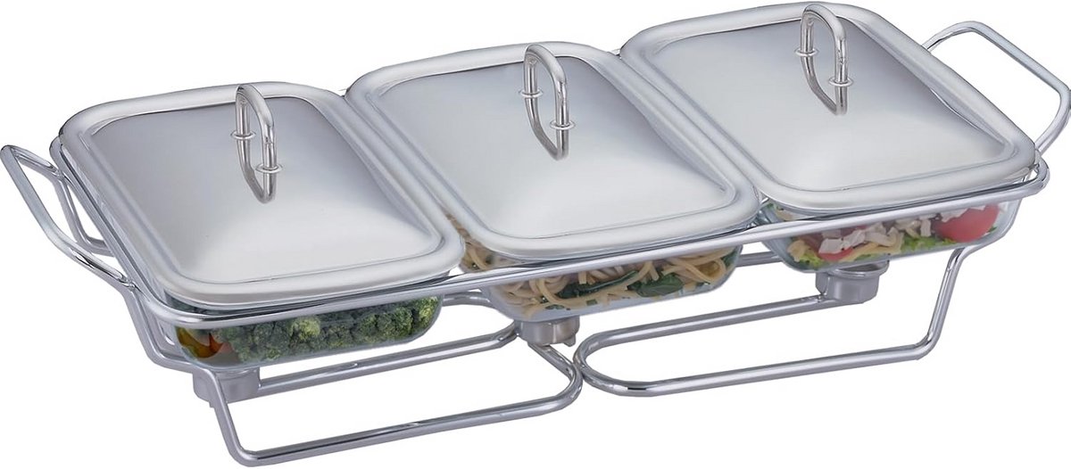 Buffet Warmer Set 3 Delen met Glazen Serveerschalen - RVS Chafing Dish voor Warme Gerechten