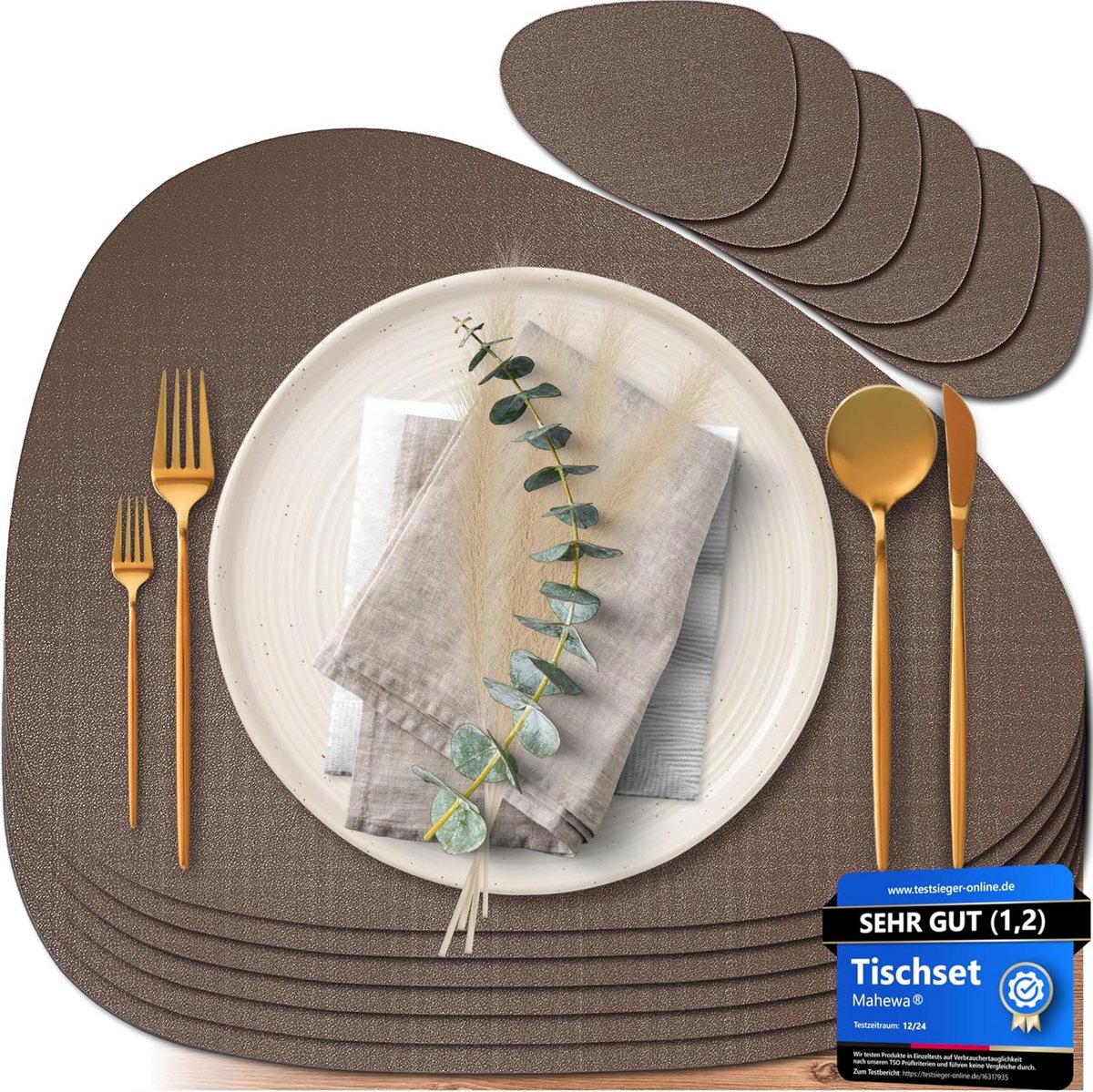 Set van 6 Premium Placemats van Kunstleer, Afwasbaar en Waterdicht, Ovaal