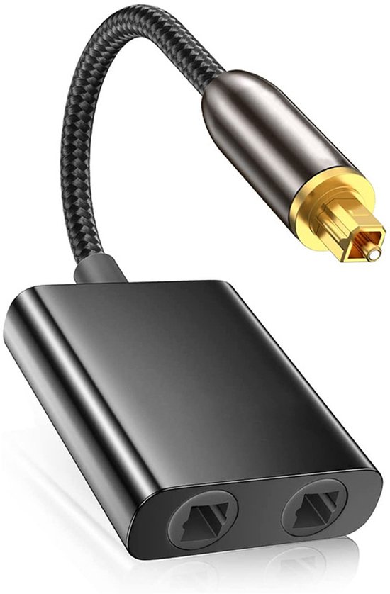 Zwarte optische audio splitter met één mannelijke Toslink-ingang en twee vrouwelijke Toslink-uitgangen, met gevlochten kabel.