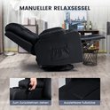 Zwarte handmatige relaxfauteuil, draaibaar, met uittrekbare voetensteun en man die de leuning naar achteren trekt.