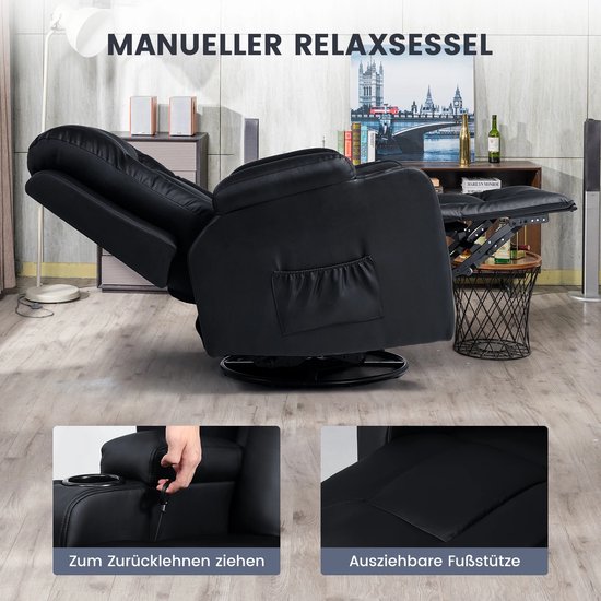 Zwarte handmatige relaxfauteuil, draaibaar, met uittrekbare voetensteun en man die de leuning naar achteren trekt.