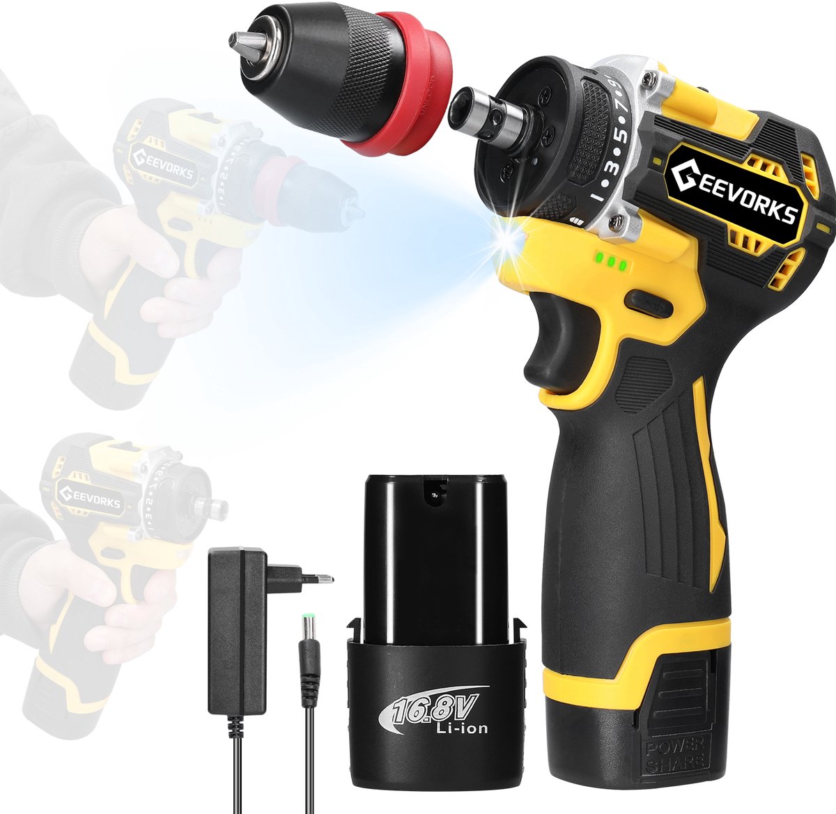 Accuboormachine – Borstelloos 16,8V – 2 Accu’s & LED-licht – 25+1 Koppelstanden – Voor Hout, Metaal & DIY