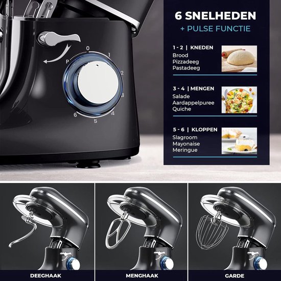 NBAP® Luxe Deegmachine met Spatbescherming - Deegmachine voor Zwaar Deeg - Met Deeghaak en Garde - Kneedmachine - Keukenmachine - Deegmixer met 10 Standen - Zwart met Zilver van NBAP — afbeelding 5