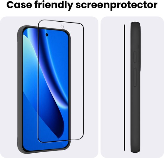 Hoesvriendelijke screenprotector geplaatst op een smartphone, met een profielweergave van de zwarte achterkant van de telefoon.