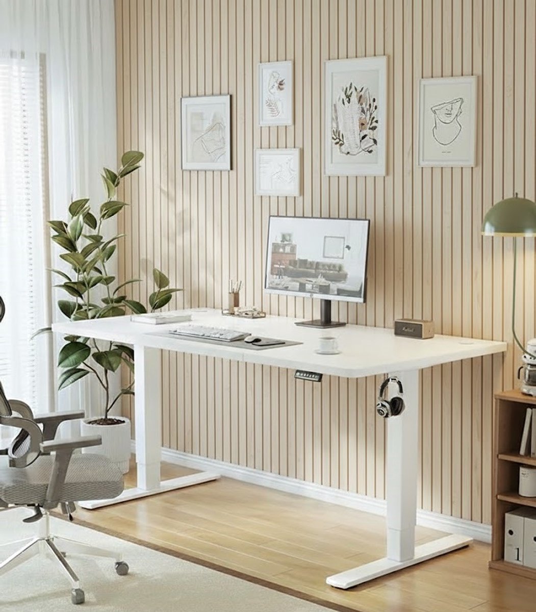 Elektrisch Verstelbaar Zit-Sta Bureau met USB-Oplaadpoort – 160 x 70 cm – Stehpult Bureau – Ergonomisch Bureau met Geheugenfunctie – Stabiele Staalconstructie – Witte Kleur A-Furniture