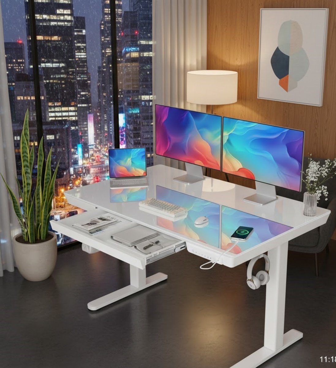 Elevio Elektrisch In Hoogte Verstelbaar Glas Bureau – Sta-Zit Bureau 120x60 cm – Ergonomisch Thuiskantoor en Kantoor Bureau met Stil Motor, USB- en Type-C Oplaadpoorten, Bureaulade en Robuust Gehard Glas – Wit A-Furniture