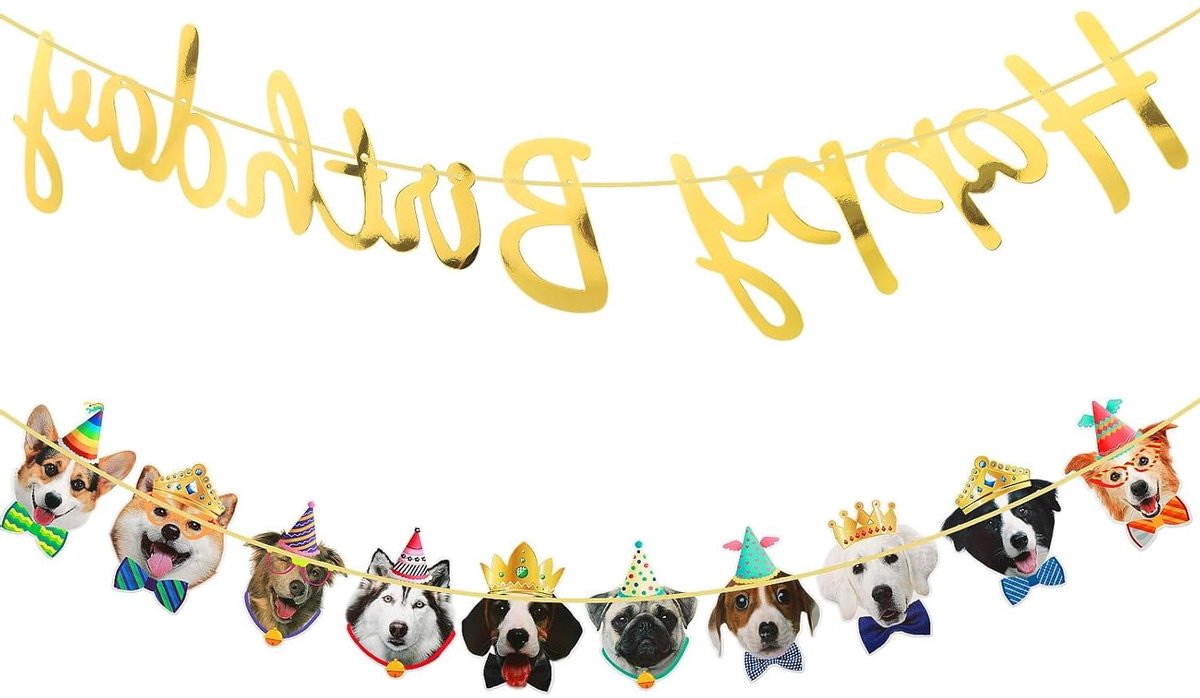 Happy Birthday Bannerset voor Hondenfeest met Kroondecoratie