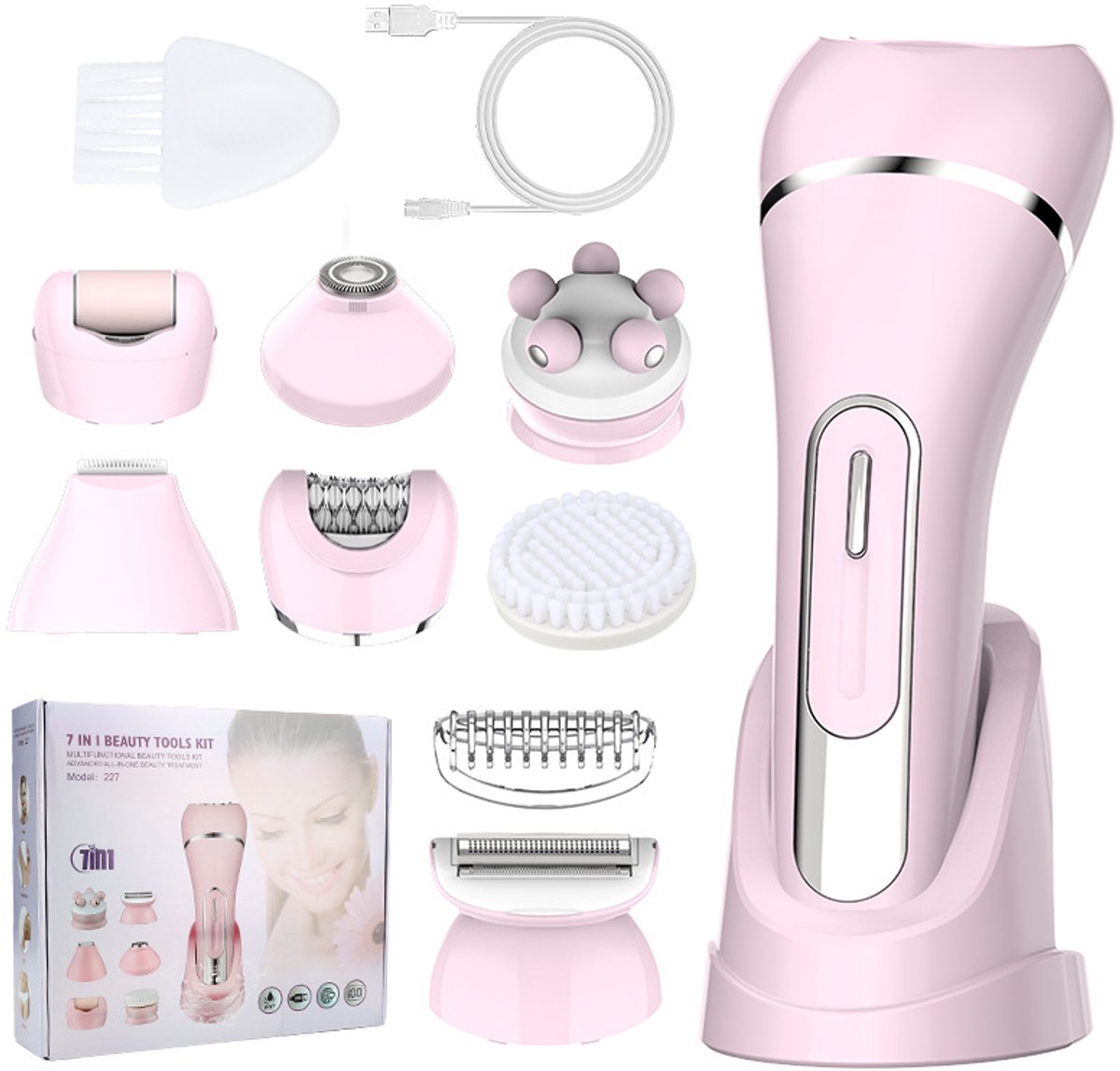 Epilator voor Vrouwen - 7-in-1 Haarverwijdering Apparaat met Massagekop en Reinigingsborstel - Bikinischaver - IPX7 Waterdicht - Draadloos - Roze