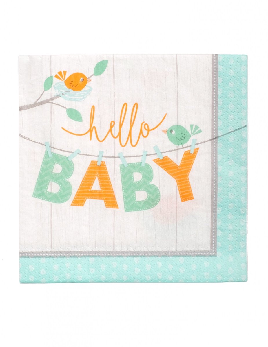 CREATIVE PARTY USA - 16 papieren servetten hello baby blauw vogels babyborrel