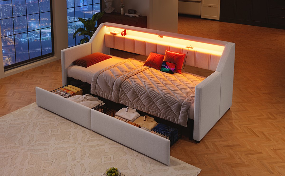 Wishdor Dagbed 90/180x200 cm – Uittrekfunctie – LED Lichtstrip – USB en Type-C – 2 Lades – Linnen – Beige