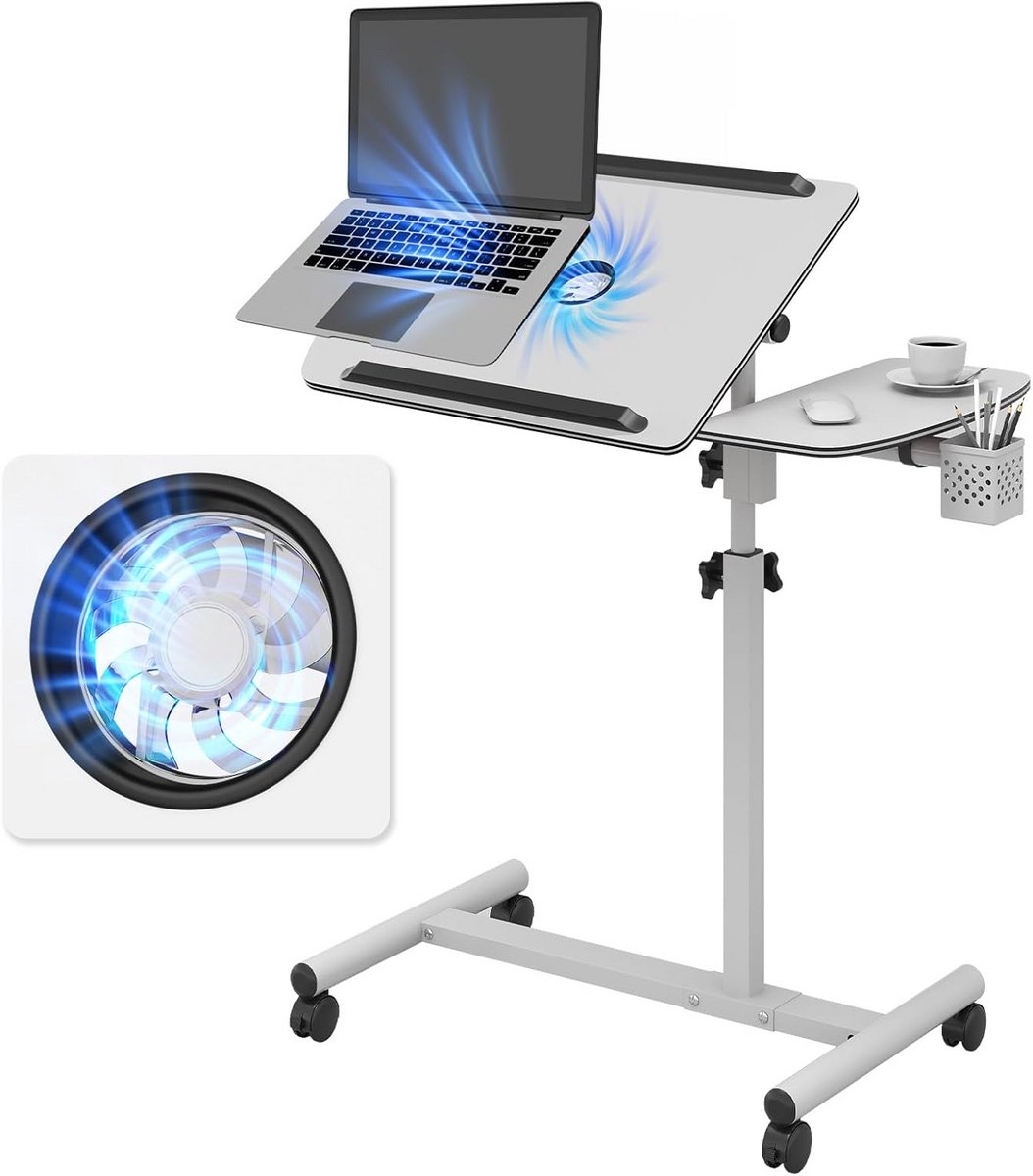 In hoogte Verstelbare Laptoptafel op Wieltjes met Ventilator en Opbergvak