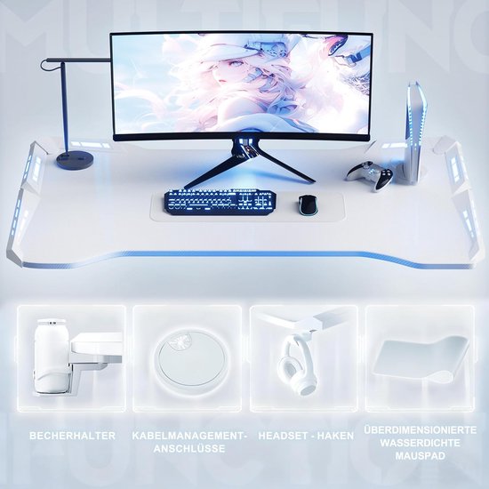 Ergonomisch Gaming Bureau met RGB Verlichting en Kabelmanagement van Merkloos — afbeelding 4