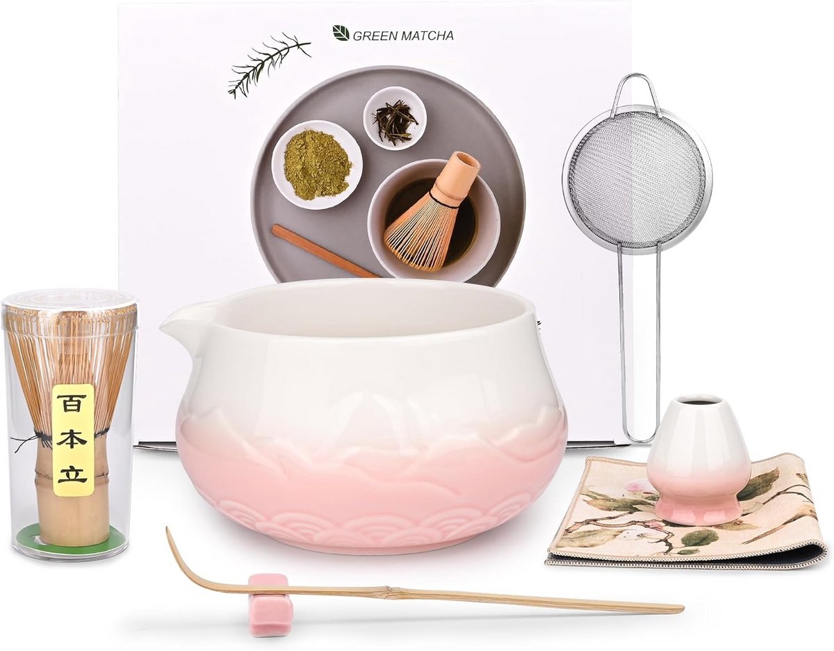 Traditionele Set voor Matcha Thee met Kom, Klopper en Lepel - 7 Delige Accessoireset