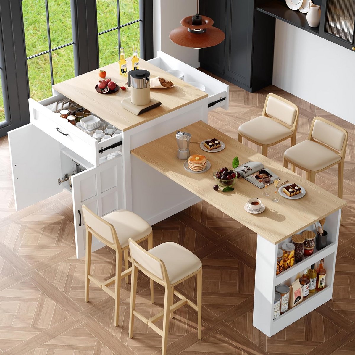 Flexibel Keukeneiland met Uittrekbare Tafel en Opbergruimte