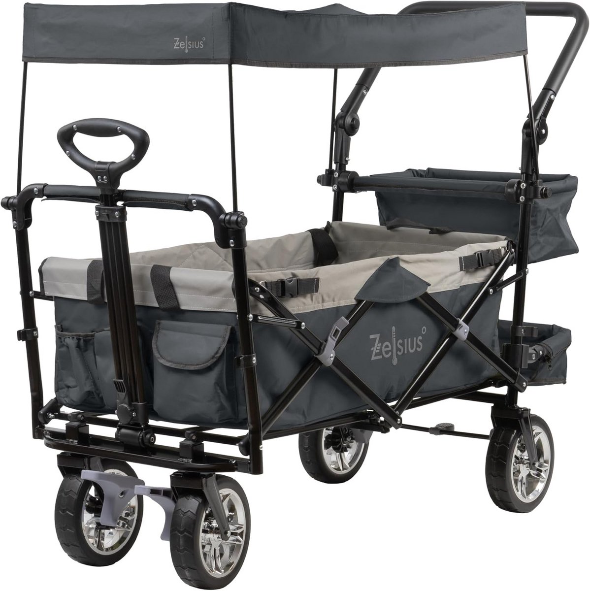 Inklapbare Transportkar met Dak en Spanbanden voor Strand en Tuin Grijs