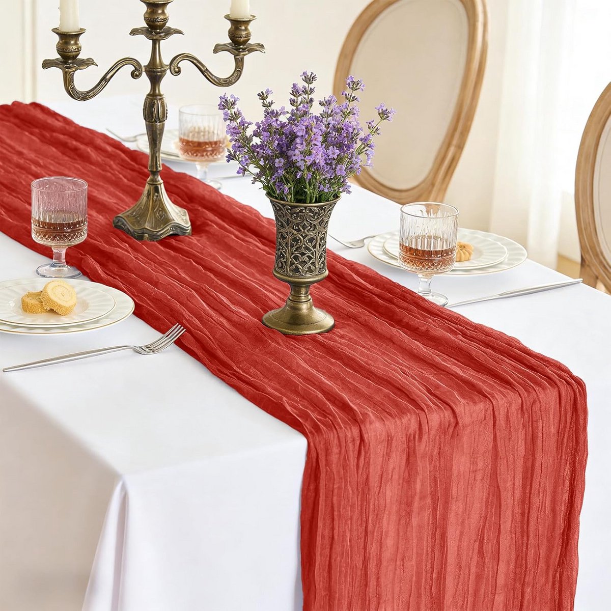 Voile Tafelloper Rode Gaas Kanten Tafeldecoratie 300 x 90 CM Boho Stijl