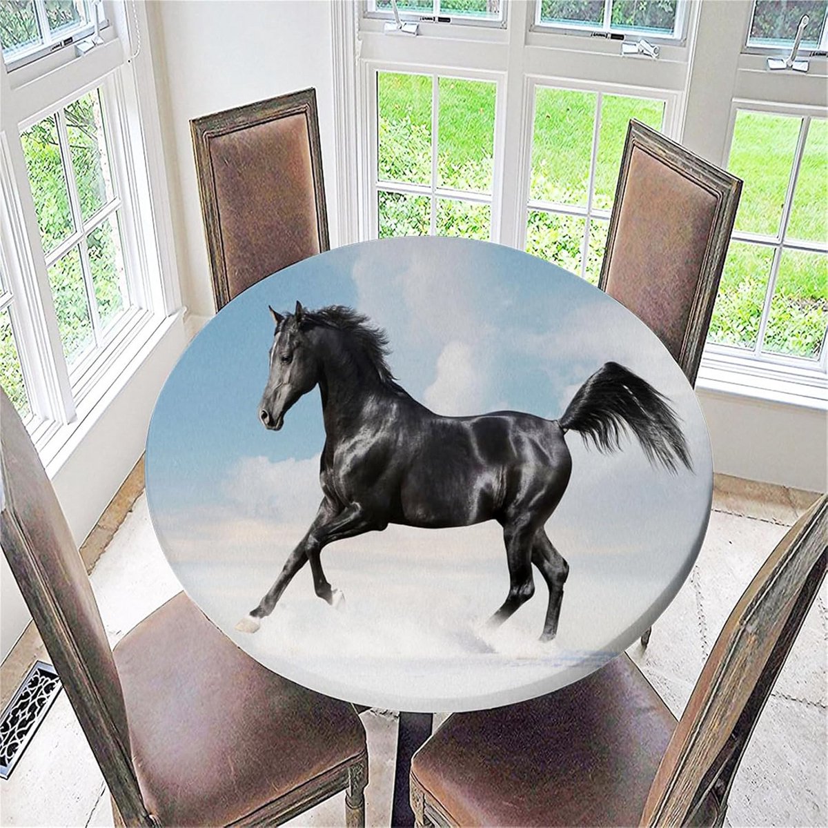Rond Tafelkleed met Elastische Rand, Afveegbaar en Wasbaar met Paardenprint