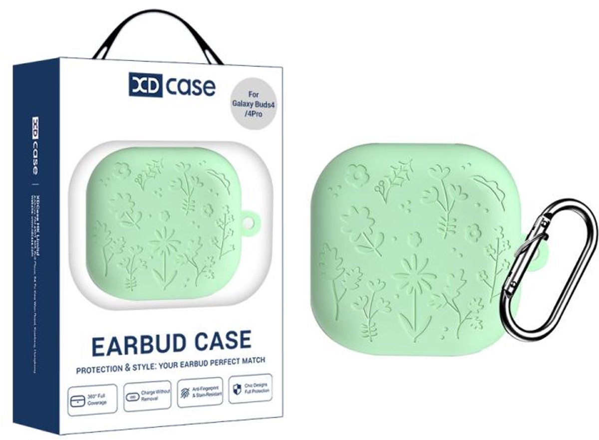 XDcase - hoesje geschikt voor Samsung Galaxy Buds 4 / 4 pro soft case cover - mint groen natuur bloemen - TPU hoesje Beschermhoes - Samsung Galaxy Buds 4 / 4 Pro Cover - Buds4 hoesje - gel hoesje met sleutelhanger