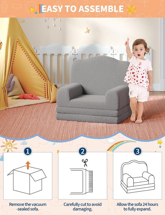 Opvouwbare 2-in-1 Kinderbank van Sherpa - Comfortabele Schuimfauteuil om te bouwen tot Lounger - Ideaal voor Kinderkamer & Speelkamer - Grijs van HOERFURIY — afbeelding 2