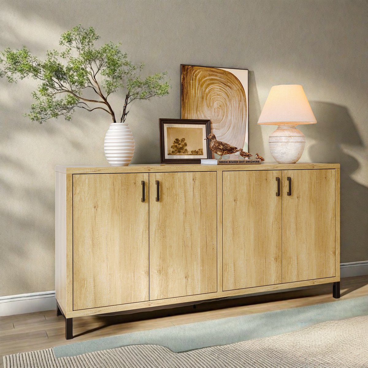 Vintage Houten Dressoir met 4 Deuren – Antiek Buffetkast voor Eetkamer & Woonkamer – 160×35×80 cm