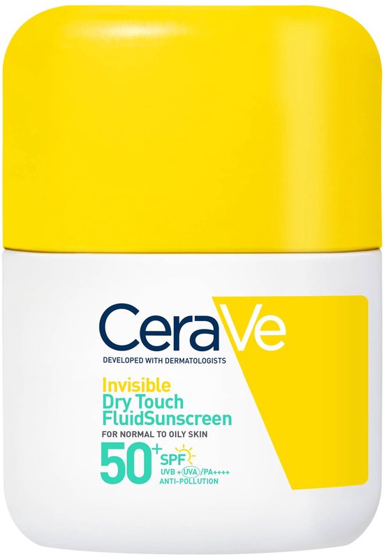 CeraVe Invisible Dry Touch Fluid Sunscreen SPF 50+ met gele dop, voor normale tot vette huid.