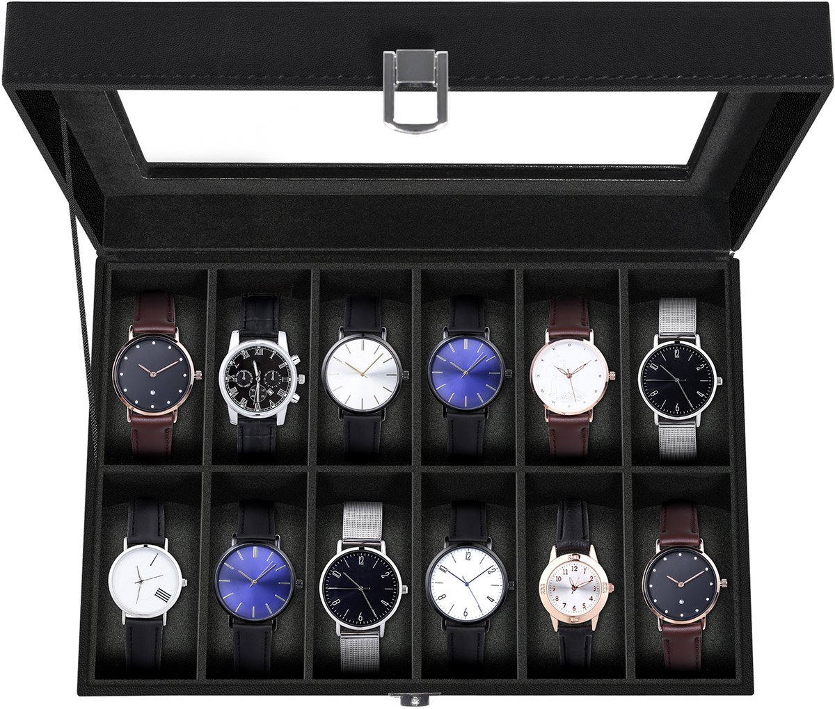 Trendello Horloge Doos - Horlogebox - Horloge Opbergdoos - 12 Vakken - Geschikt voor sieraden - Zwart binnenkant