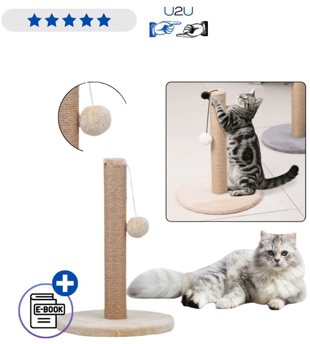 Katten krabpaal toren lichtbruin 40x30 cm lage krabtoren met sisal touw speelkoord pompon stevig stabiel krabmeubel voor katten beschermt meubels stimuleert spel beweging geschikt voor alle katten interieurvriendelijk design ProPlus Met Ebook