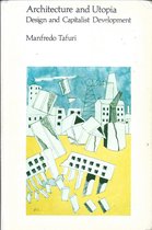 Boekomslag met de titel 'Architecture and Utopia Design and Capitalist Development' en een illustratie van verwrongen gebouwen op een gele achtergrond.