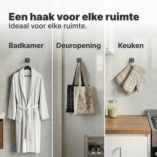 Een witte badjas in de badkamer, een tas in de deuropening en ovenwanten in de keuken, allemaal opgehangen aan zwarte haken.